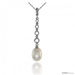 10k White Gold Graduated Circle Cut Outs & Pearl Pendant, w/ 0.05 Carat Brilliant Cut Diamonds, 1 3/4 in. (44mm) tall, w/ 18"