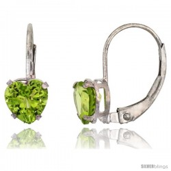 10k White Gold Natural Peridot Leverback Heart Earrings 6mm August Birthstone, 9/16 in tall