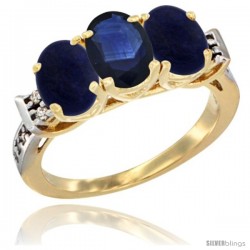 10K Yellow Gold Natural Blue Sapphire & Lapis Sides Ring 3-Stone Oval 7x5 mm Diamond Accent