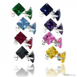 8 pair set Sterling Silver Square Colored Cubic Zirconia Stud Earrings 2 cttw Emerald, Blue Sapphire, Blue Topaz, Amethyst