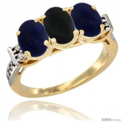 10K Yellow Gold Natural Black Onyx & Lapis Sides Ring 3-Stone Oval 7x5 mm Diamond Accent