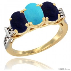 10K Yellow Gold Natural Turquoise & Lapis Sides Ring 3-Stone Oval 7x5 mm Diamond Accent