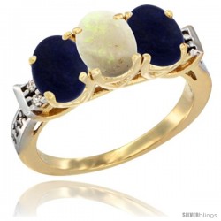 10K Yellow Gold Natural Opal & Lapis Sides Ring 3-Stone Oval 7x5 mm Diamond Accent