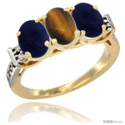 10K Yellow Gold Natural Tiger Eye & Lapis Sides Ring 3-Stone Oval 7x5 mm Diamond Accent