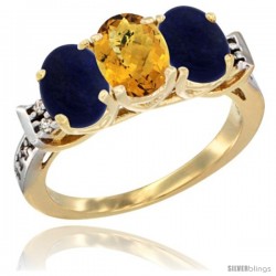 10K Yellow Gold Natural Whisky Quartz & Lapis Sides Ring 3-Stone Oval 7x5 mm Diamond Accent