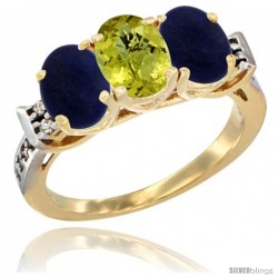 10K Yellow Gold Natural Lemon Quartz & Lapis Sides Ring 3-Stone Oval 7x5 mm Diamond Accent