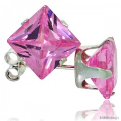 Sterling Silver Princess cut Cubic Zirconia Stud Earrings 7 mm Pink Zircon Color 4 cttw