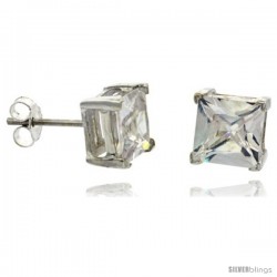 Sterling Silver Princess cut Cubic Zirconia Stud Earrings Basket Setting 7 mm 4 cttw