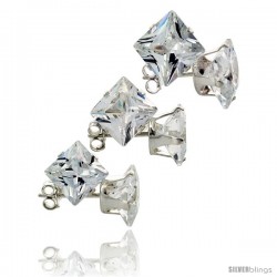 3-Pair Set Sterling Silver Cubic Zirconia Stud Earrings 7, 8 and 9mm Princess Cut