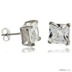 Sterling Silver Princess cut Cubic Zirconia Stud Earrings Basket Setting 8 mm 6 cttw