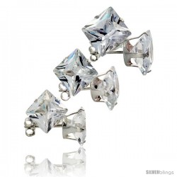 3-Pair Set Sterling Silver Cubic Zirconia Stud Earrings 8, 9 and 10mm Princess Cut