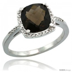 Sterling Silver Diamond Natural Smoky Topaz Ring 2.08 ct Cushion cut 8 mm Stone 1/2 in wide