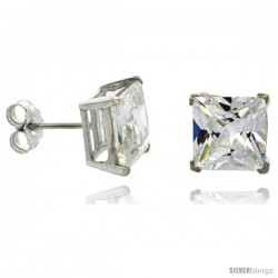 Sterling Silver Princess cut Cubic Zirconia Stud Earrings Basket Setting 9 mm 8 cttw