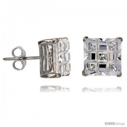 Sterling Silver Cubic Zirconia Stud Earrings 10 mm Square Invisible Cut Basket Set 11 cttw