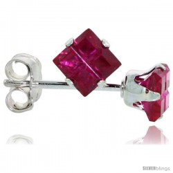 Sterling Silver Princess cut Cubic Zirconia Stud Earrings Ruby Red Color Invisible Cut 3/4 cttw