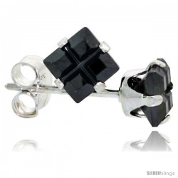 Sterling Silver Princess cut Cubic Zirconia Stud Earrings Black Color Invisible Cut 3/4 cttw