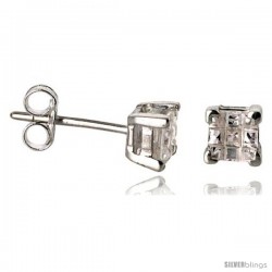 Sterling Silver Cubic Zirconia Stud Earrings 4 mm Square Invisible Cut Basket Set 1/3 cttw
