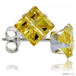 Sterling Silver Princess cut Cubic Zirconia Stud Earrings Citrine Yellow Color Invisible Cut 1.5 cttw