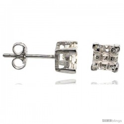 Sterling Silver Cubic Zirconia Stud Earrings 5 mm Square Invisible Cut Basket Set 1 1/2 cttw