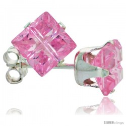 Sterling Silver Princess cut Cubic Zirconia Stud Earrings Pink Zircon Color Invisible Cut 2.5 cttw
