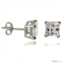Sterling Silver Cubic Zirconia Stud Earrings 6 mm Square Invisible Cut Basket Set 2 1/2 cttw