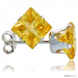 Sterling Silver Princess cut Cubic Zirconia Stud Earrings Citrine Yellow Color Invisible Cut 4 cttw