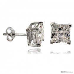 Sterling Silver Cubic Zirconia Stud Earrings 7 mm Square Invisible Cut Basket Set 4 cttw