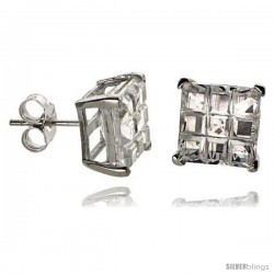 Sterling Silver Cubic Zirconia Stud Earrings 9 mm Square Invisible Cut Basket Set 8 cttw