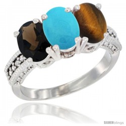 10K White Gold Natural Smoky Topaz, Turquoise & Tiger Eye Ring 3-Stone Oval 7x5 mm Diamond Accent