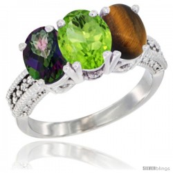 10K White Gold Natural Mystic Topaz, Peridot & Tiger Eye Ring 3-Stone Oval 7x5 mm Diamond Accent