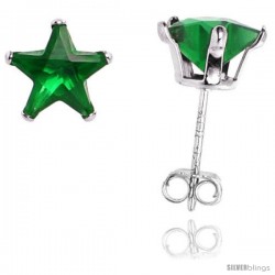 Sterling Silver Cubic Zirconia Stud Earrings 7 mm Star Shape Emerald Green