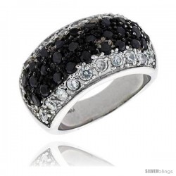 Sterling Silver Dome Ring, Rhodium Plated w/ 10 White & 28 Black 2mm CZ's, 7/16" (11 mm) wide