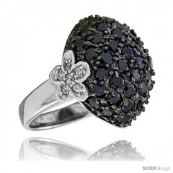 Sterling Silver Floral Ring, Rhodium Plated w/ 12 White & 45 Black 2mm CZ's, 3/4" (19 mm) wide