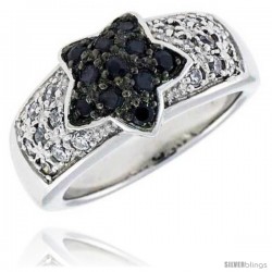 Sterling Silver Star Ring, Rhodium Plated w/ 18 White & 11 Black 2mm CZ's, 7/16" (10 mm) wide