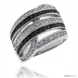 Sterling Silver Freeform Ring, Rhodium Plated w/ 39 White & 29 Black CZ's, 5/8" (17 mm) wide