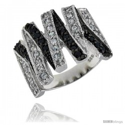 Sterling Silver Zigzag Ring, Rhodium Plated w/ 30 White & 18 Black CZ's, 11/16" (17 mm) wide