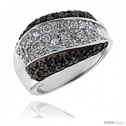 Sterling Silver Dome Ring, Rhodium Plated w/ 25 White & 22 Black CZ's, 9/16" (14 mm) wide