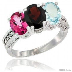 14K White Gold Natural Pink Topaz, Garnet & Aquamarine Ring 3-Stone 7x5 mm Oval Diamond Accent