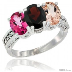 14K White Gold Natural Pink Topaz, Garnet & Morganite Ring 3-Stone 7x5 mm Oval Diamond Accent