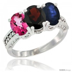 14K White Gold Natural Pink Topaz, Garnet & Blue Sapphire Ring 3-Stone 7x5 mm Oval Diamond Accent