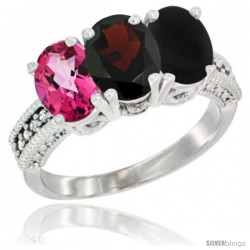 14K White Gold Natural Pink Topaz, Garnet & Black Onyx Ring 3-Stone 7x5 mm Oval Diamond Accent