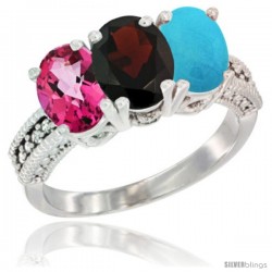 14K White Gold Natural Pink Topaz, Garnet & Turquoise Ring 3-Stone 7x5 mm Oval Diamond Accent