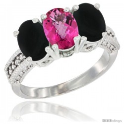 14K White Gold Natural Pink Topaz & Black Onyx Sides Ring 3-Stone 7x5 mm Oval Diamond Accent