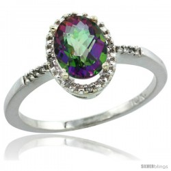 10k White Gold Diamond Mystic Topaz Ring 1.17 ct Oval Stone 8x6 mm, 3/8 in wide