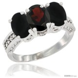 14K White Gold Natural Garnet & Black Onyx Sides Ring 3-Stone 7x5 mm Oval Diamond Accent