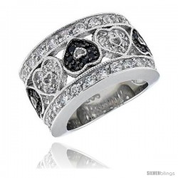 Sterling Silver & Rhodium Plated Hearts Band, w/ Tiny High Quality Black & White CZ's, 9/16" (14 mm) wide