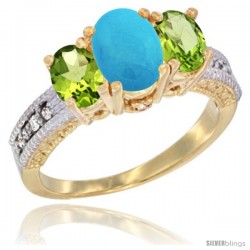 14k Yellow Gold Ladies Oval Natural Turquoise 3-Stone Ring with Peridot Sides Diamond Accent