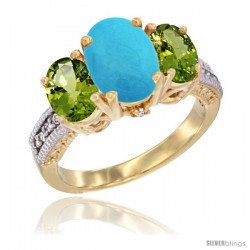 14K Yellow Gold Ladies 3-Stone Oval Natural Turquoise Ring with Peridot Sides Diamond Accent