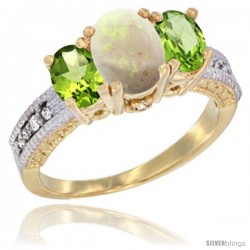 14k Yellow Gold Ladies Oval Natural Opal 3-Stone Ring with Peridot Sides Diamond Accent