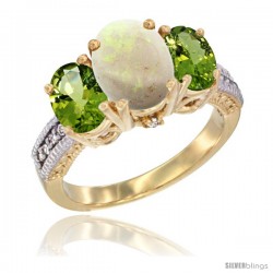 14K Yellow Gold Ladies 3-Stone Oval Natural Opal Ring with Peridot Sides Diamond Accent